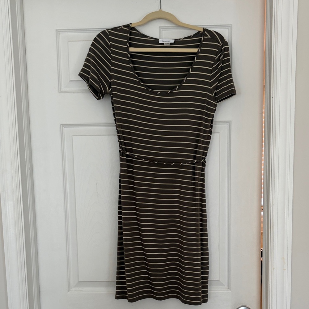 Calvin Klein Black and Cream Striped Midi Dress